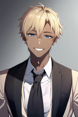 short hair, laugh, tall, Masterpiece, tan skin, man, suit